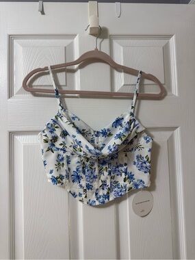 SHEIN White Crop Cami with Blue Floral Print